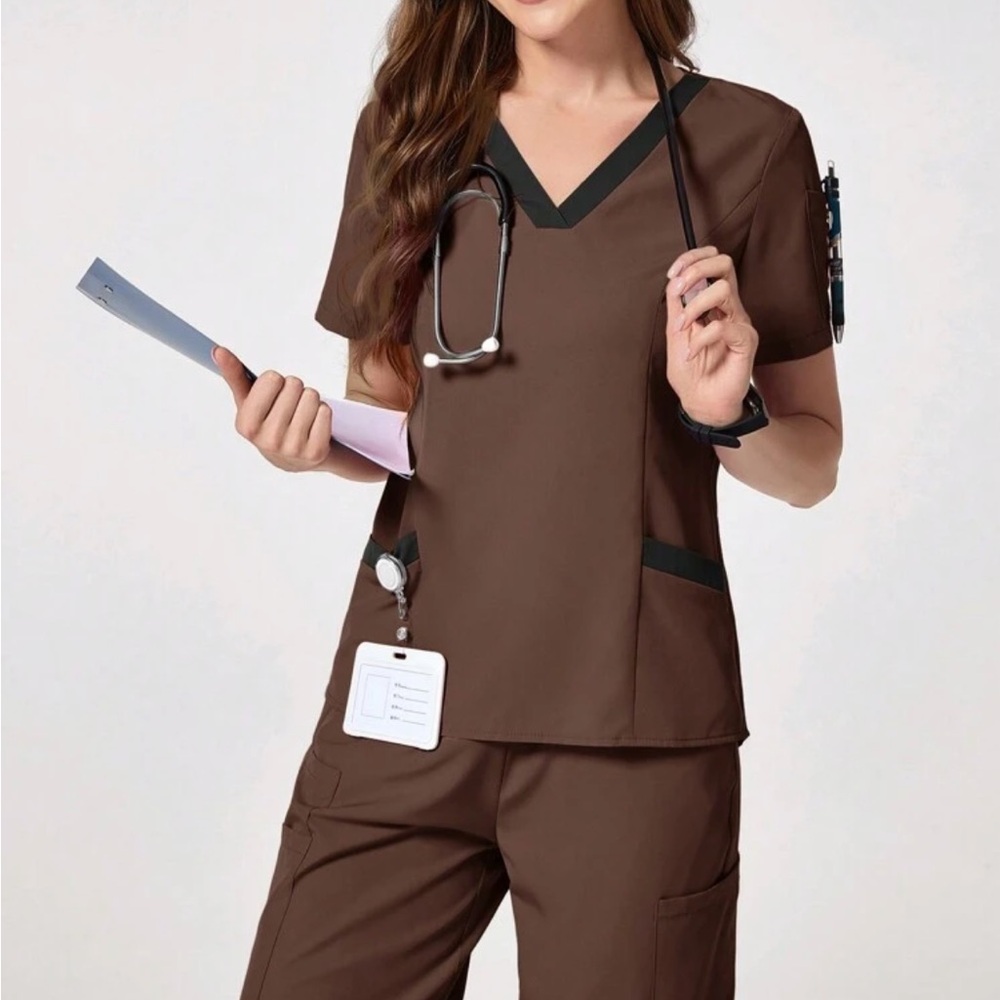 Brown Scrub Set with Black Trim